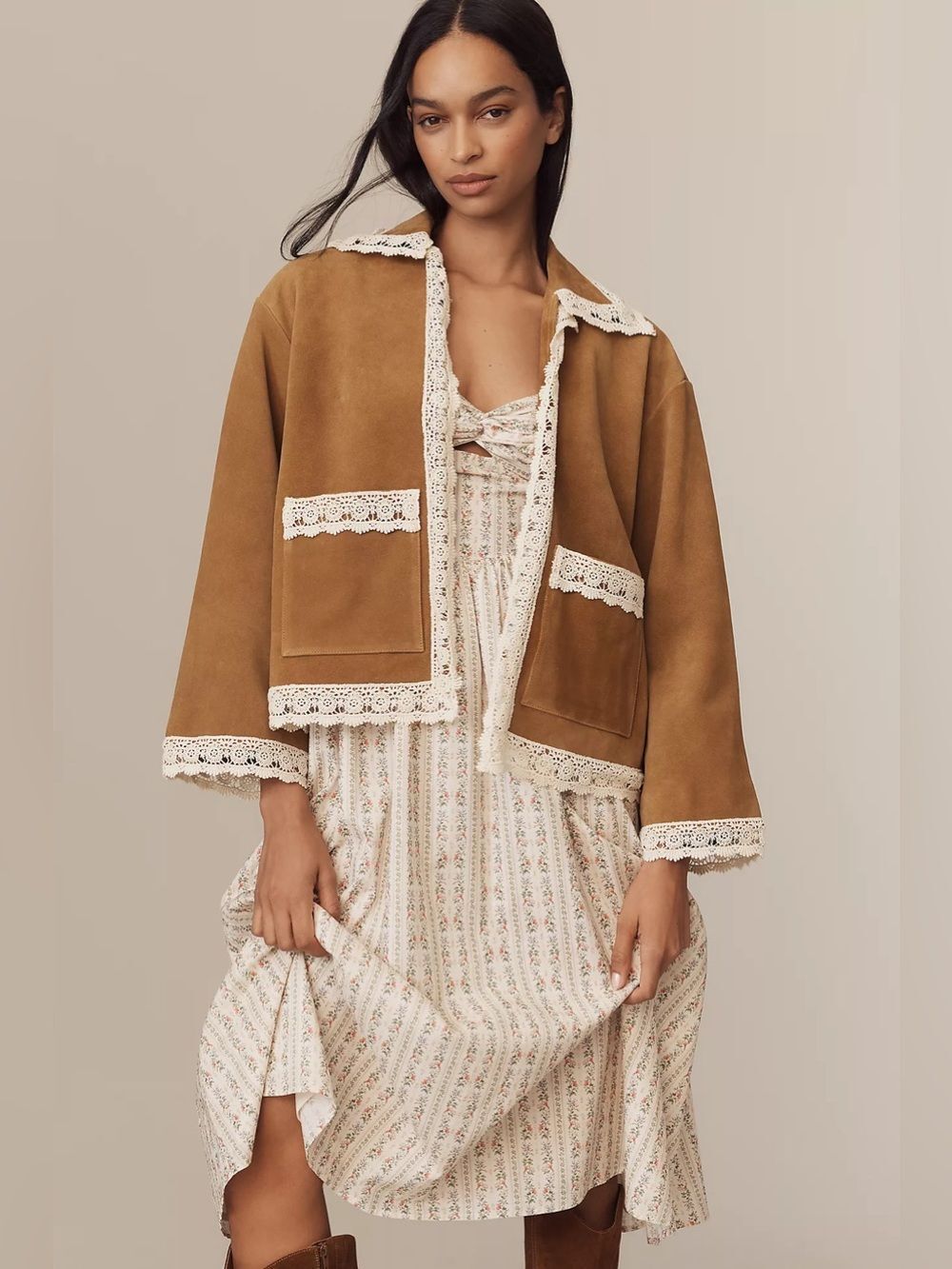 By Anthropologie Suede Boxy Open-Front Jacket One Size